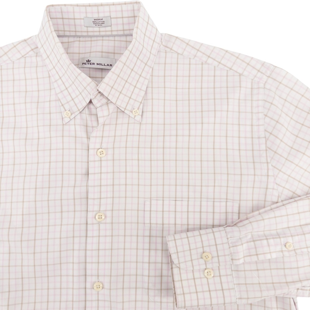 Peter Millar Mens Med. Button Down Shirt White Tan Pink Plaid Cotton Long Sleeve